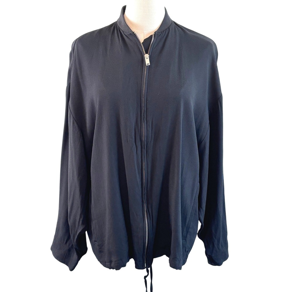 COS Bomber Jacket Black Women Size 4 Zip Front Viscose Pleated Back Lightweight